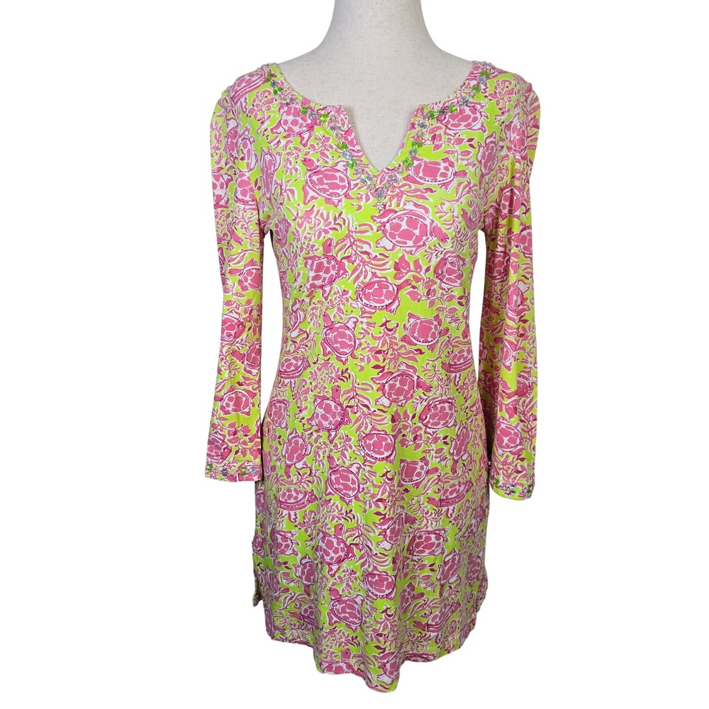 Lilly Pulitzer Pink Lime Green Turtle Print Beaded Tunic Mini Dress‎ Womens S